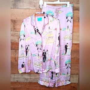 Nick & Nora Love & Marriage Pink Pajama Set Bride Groom Wedding Cake 100% Silk